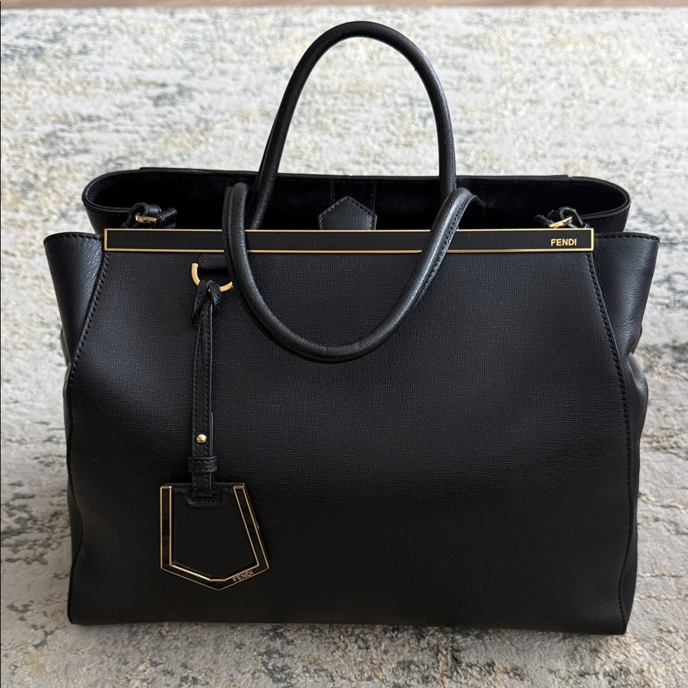 Fendi Black Leather Tote with Gold Trim and Charm